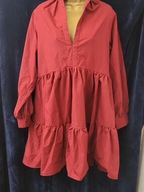 Tiered V-Neck Red Babydoll Dress